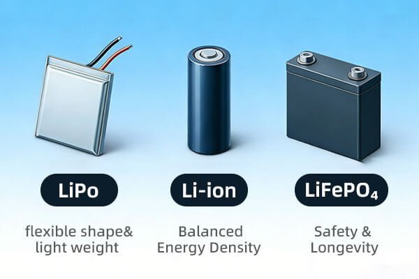 A split image showing three distinct applications: a home energy storage system (LiFePO4), an electric car (Li-ion), and a drone (Li-Po)