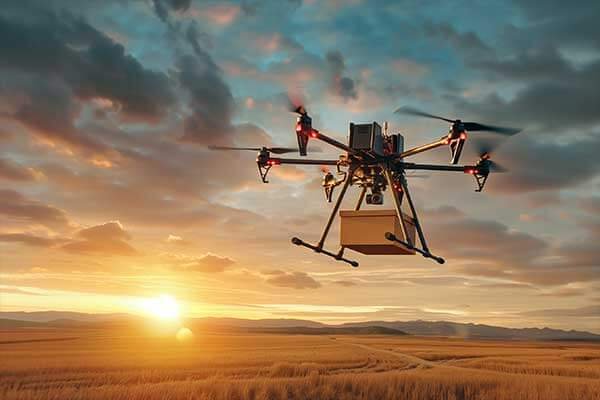 A powerful drone lifting a heavy package, with an arrow indicating a high burst of power in Watts from the battery