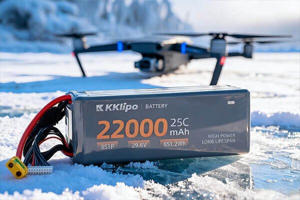A drone taking off smoothly from a snowy landscape in Russia, with the battery indicator showing full power.